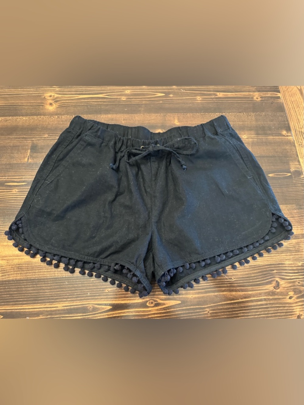 J. Crew Black Linen Blend Pom-Pom Trim Shorts with Drawstring Waist Size S